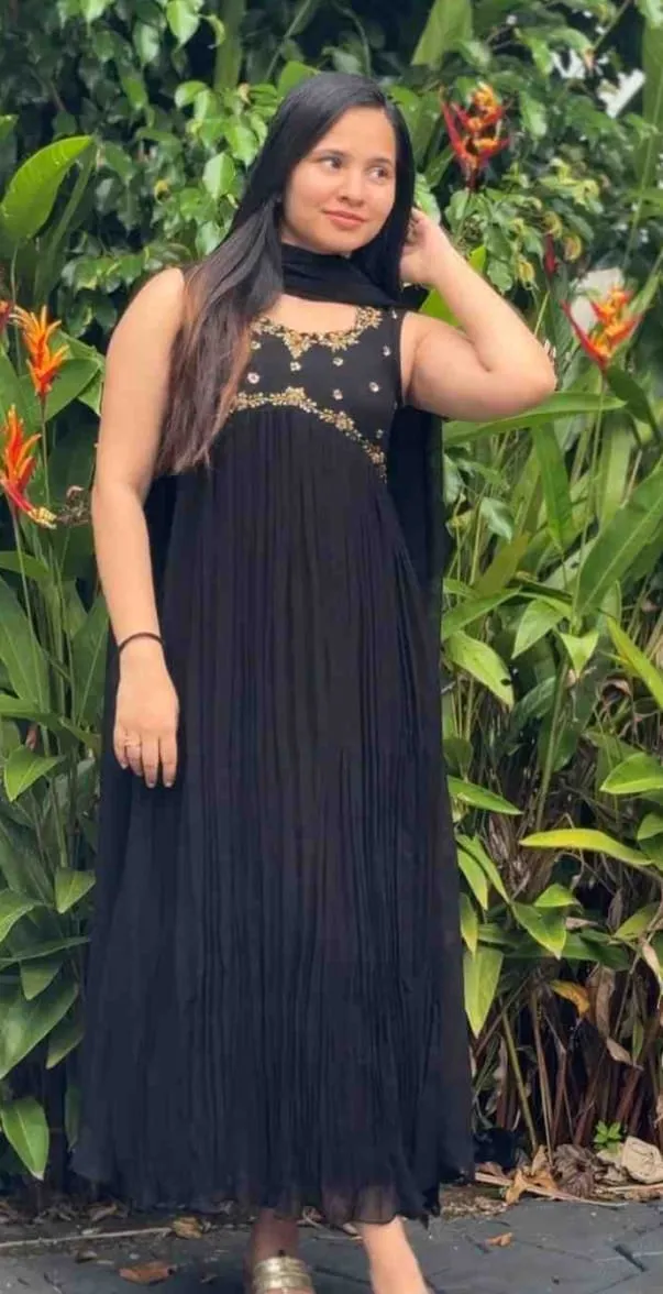 Black Sleeveless Pleated Anarkali Gown with Gold Embroidered Yoke & Dupatta | Party Wear Long Frock