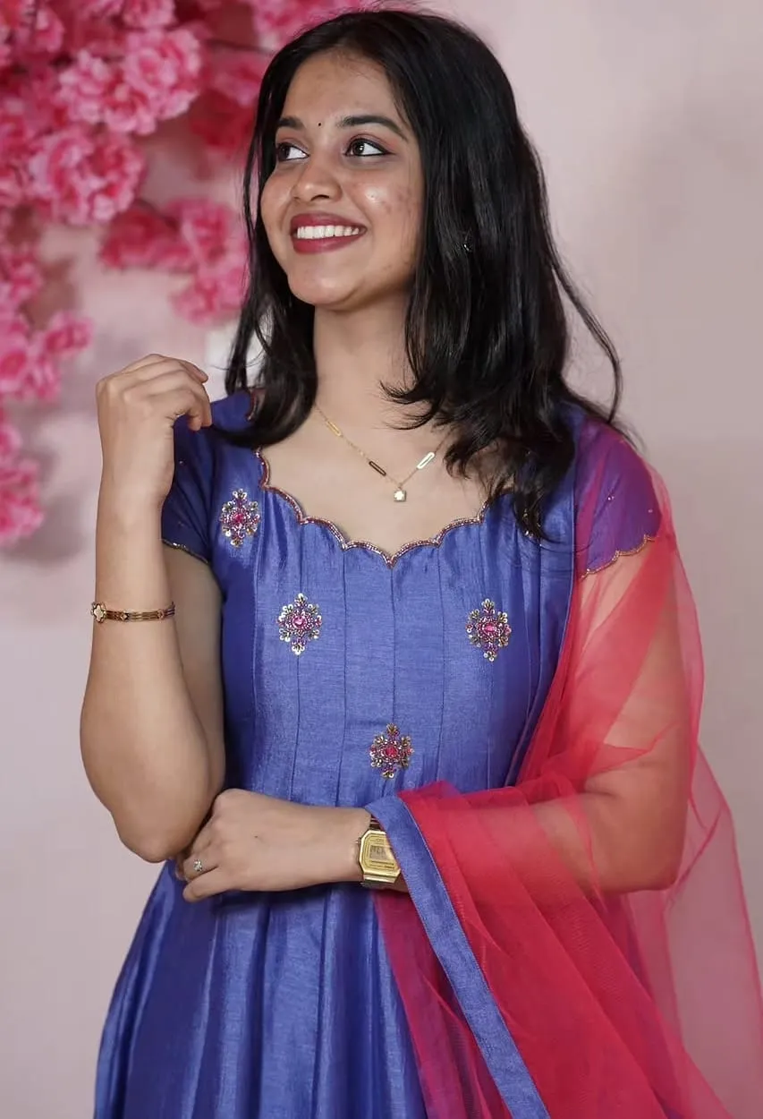Blue Anarkali Gown with Red Net Dupatta | Cap Sleeve Scalloped Neckline | Stone Work Party Wear Dress 1