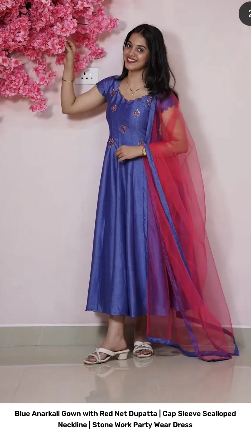 Blue Anarkali Gown with Red Net Dupatta | Cap Sleeve Scalloped Neckline | Stone Work Party Wear Dress 2