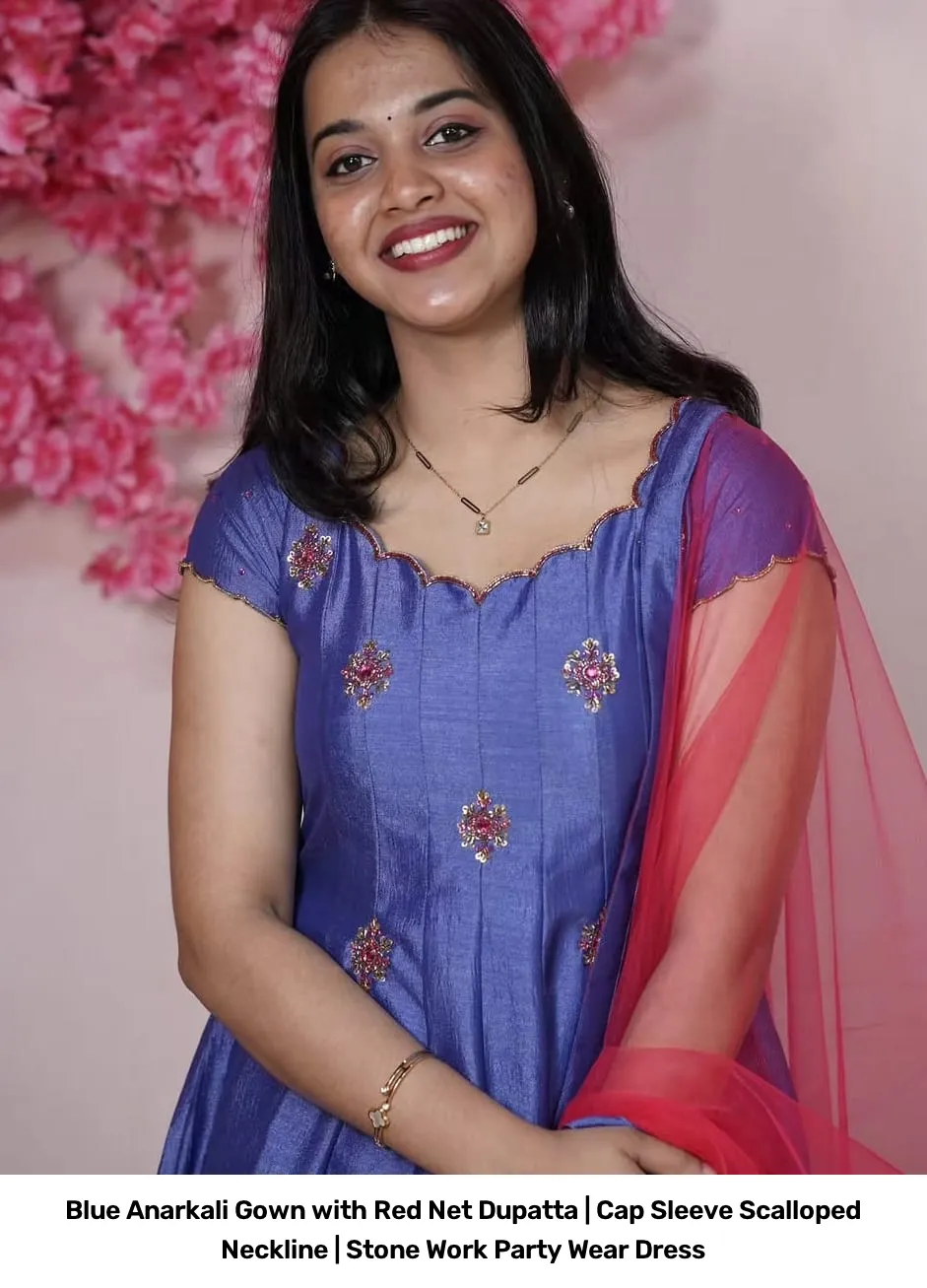 Blue Anarkali Gown with Red Net Dupatta | Cap Sleeve Scalloped Neckline | Stone Work Party Wear Dress 3