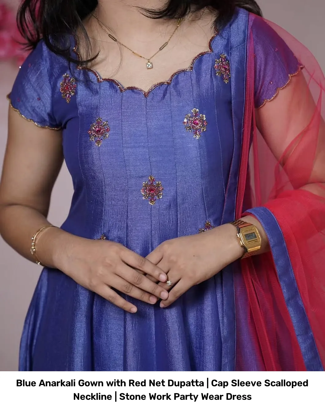 Blue Anarkali Gown with Red Net Dupatta | Cap Sleeve Scalloped Neckline | Stone Work Party Wear Dress 4