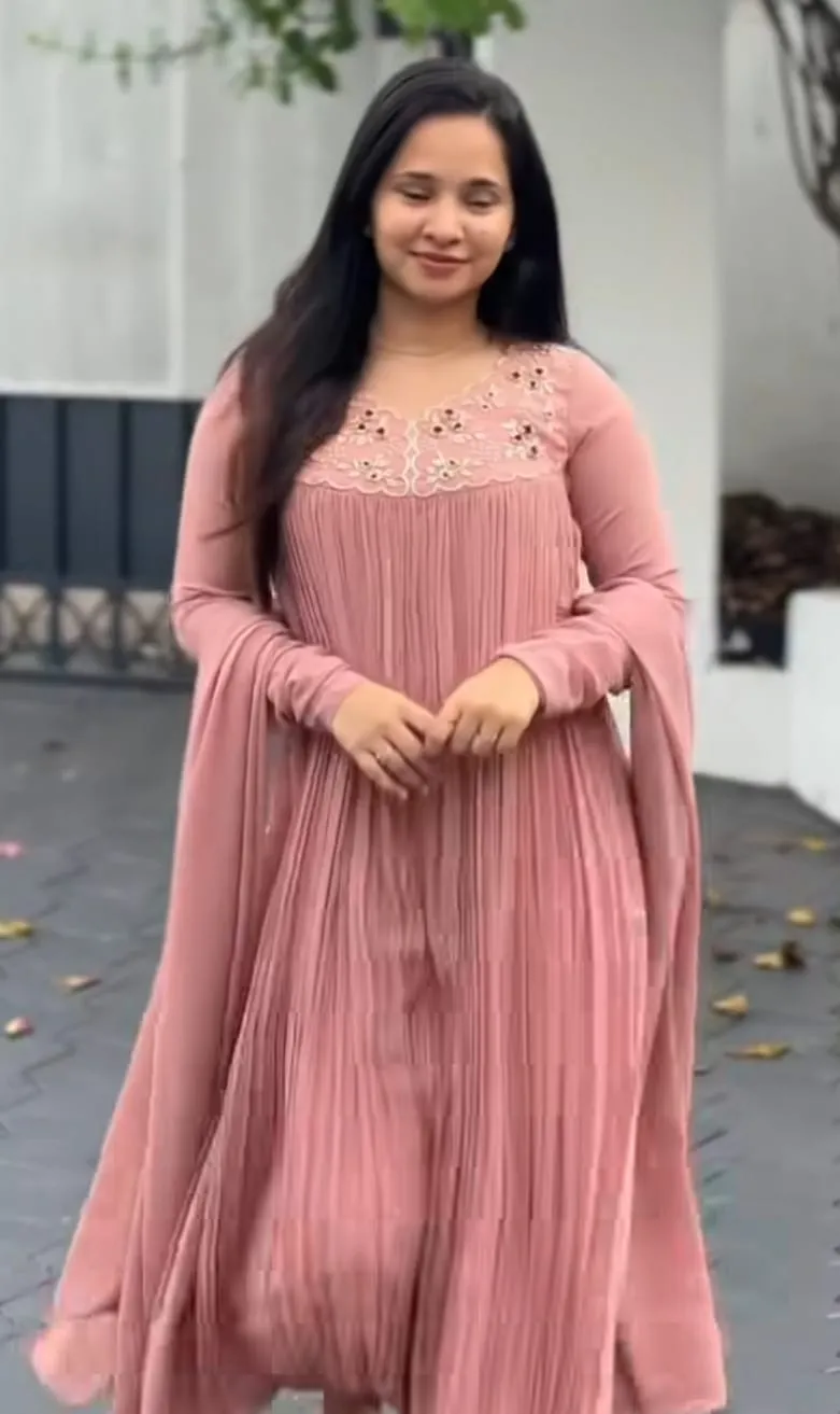 Blush Pink Georgette Pleated Anarkali Suit Set – Full Sleeves Hand Embroidered Yoke Designer Dress