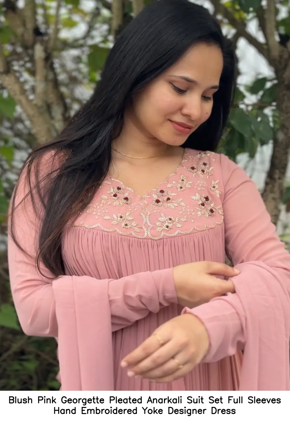 Blush Pink Georgette Pleated Anarkali Suit Set – Full Sleeves Hand Embroidered Yoke Designer Dress 2