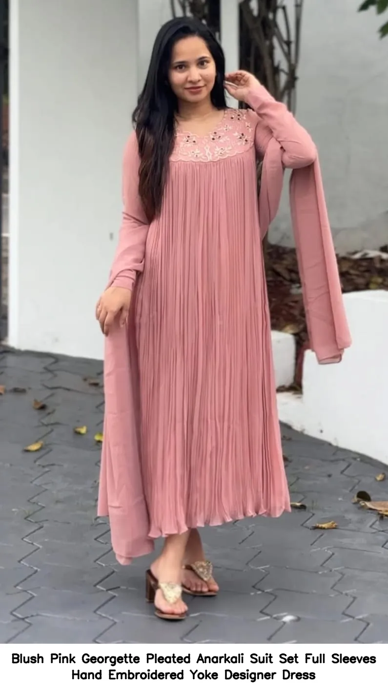Blush Pink Georgette Pleated Anarkali Suit Set – Full Sleeves Hand Embroidered Yoke Designer Dress 3