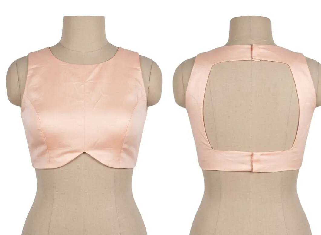Blush Pink Raw Silk Padded Saree Blouse | Boat Neck Cut-Out Backless Crop Top for Lehenga