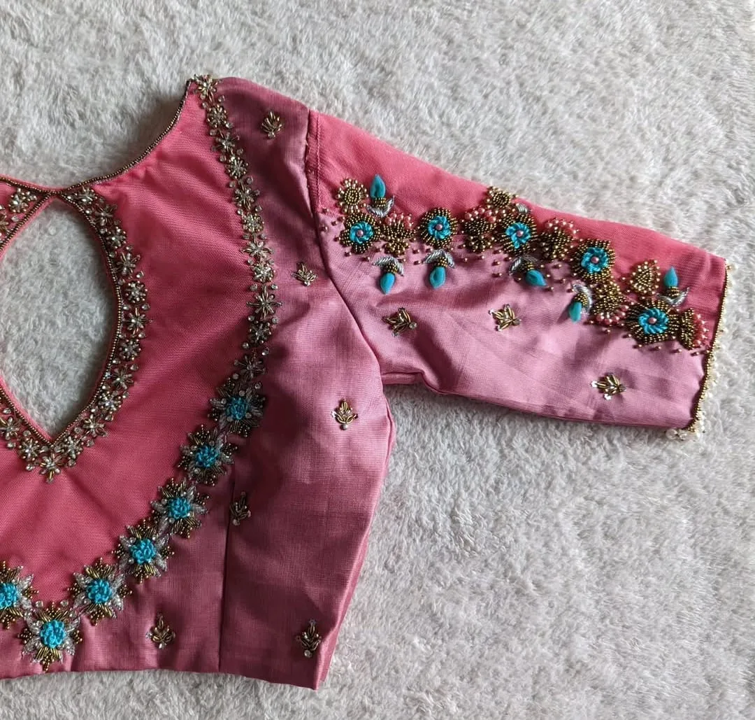 Blush Pink Raw Silk Saree Blouse with Turquoise Floral Maggam Work, Pearl Tassels & Keyhole Back Neck