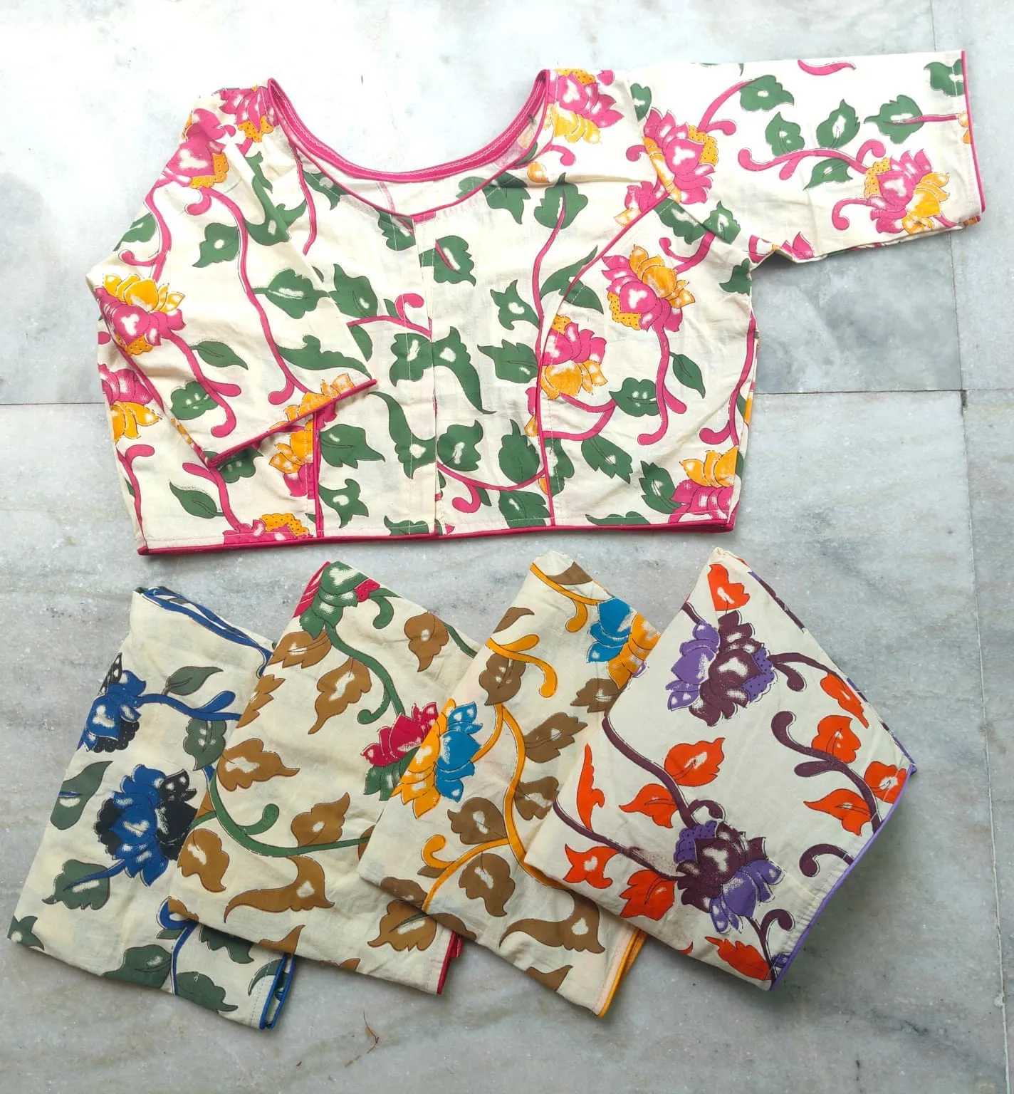 Boat Neck Kalamkari Cotton Blouse | Hand Painted Floral Print | Front Open Free Size 32-44 | Unpadded Saree Blouse
