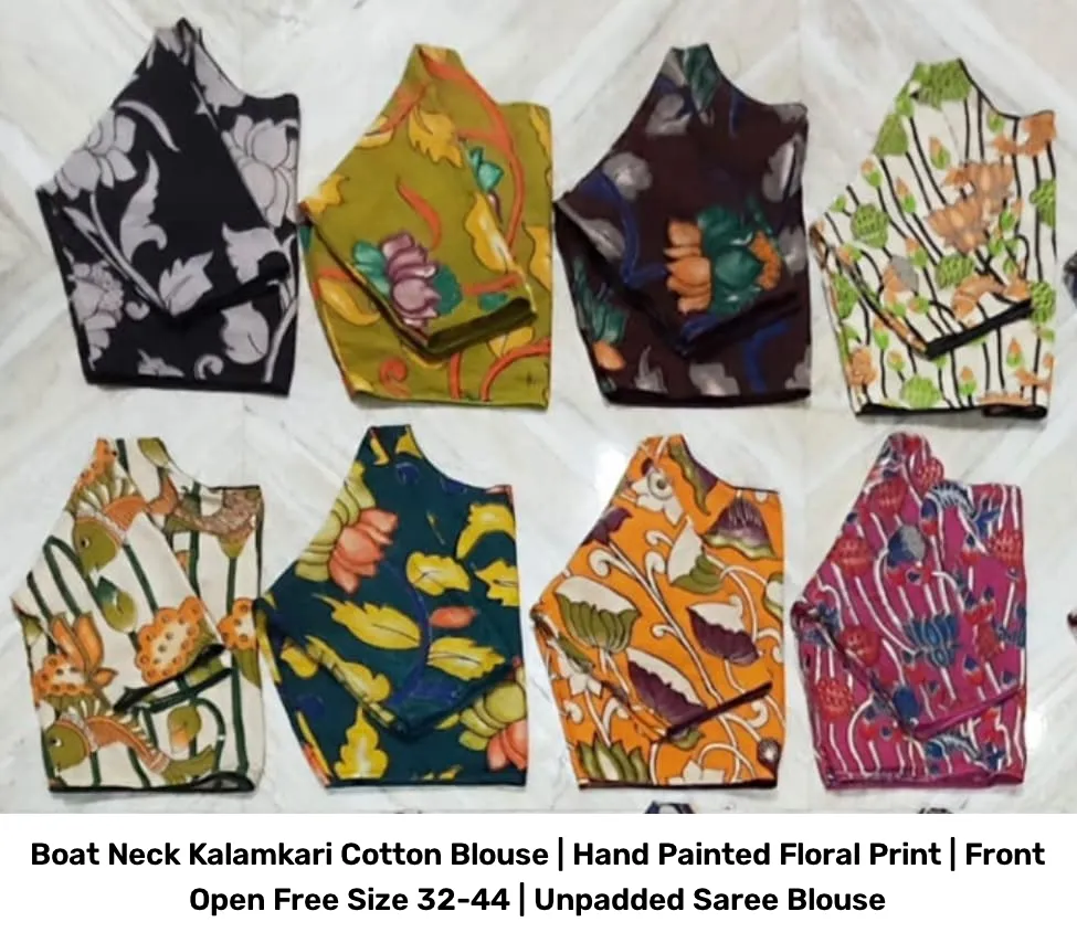 Boat Neck Kalamkari Cotton Blouse | Hand Painted Floral Print | Front Open Free Size 32-44 | Unpadded Saree Blouse 2