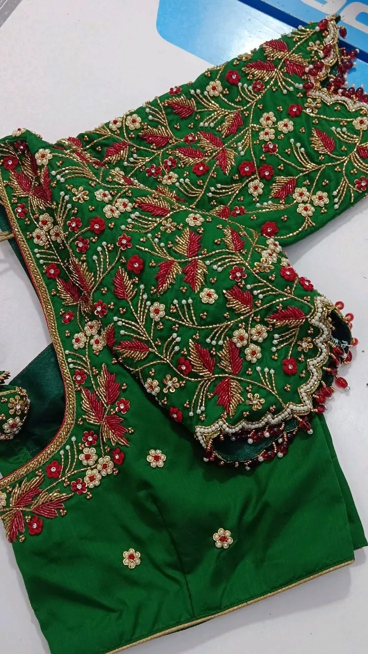 Bottle Green Aari Work Blouse with Bead Tassels | Bridal Maggam Work Silk Blouse