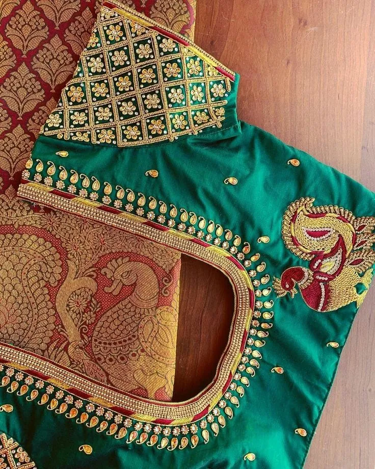 Bottle Green Bridal Silk Blouse | Handcrafted Peacock Maggam Work & Jaal Check Sleeve Embroidery for Kanchipuram Sarees