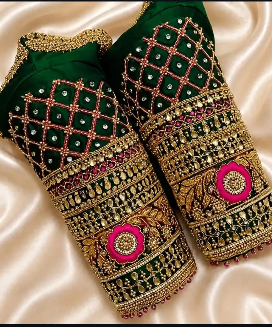 Bottle Green Bridal Silk Blouse | Heavy Kundan, Mirror & Pink Floral Maggam Work Saree Blouse 1