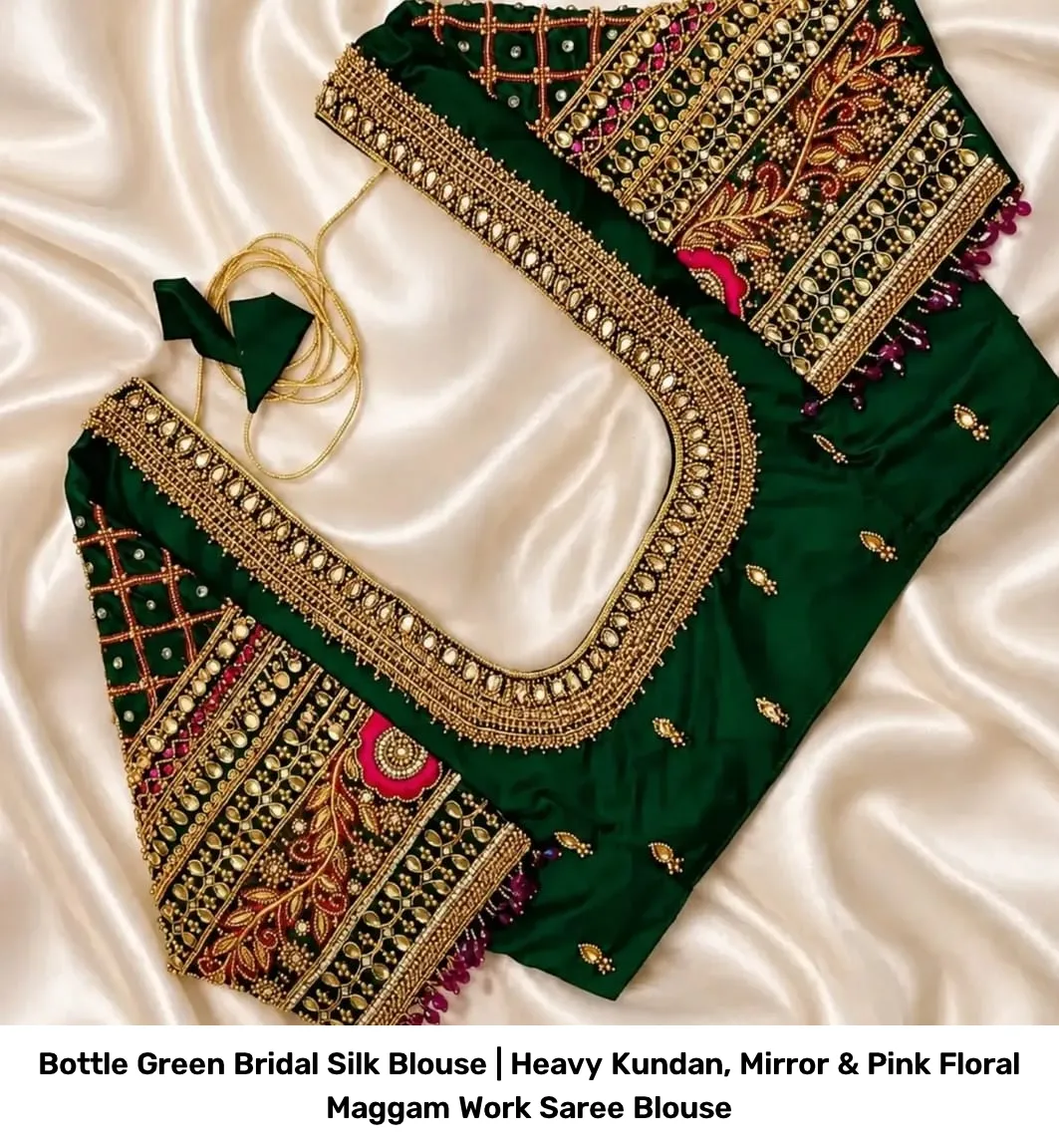 Bottle Green Bridal Silk Blouse | Heavy Kundan, Mirror & Pink Floral Maggam Work Saree Blouse 2