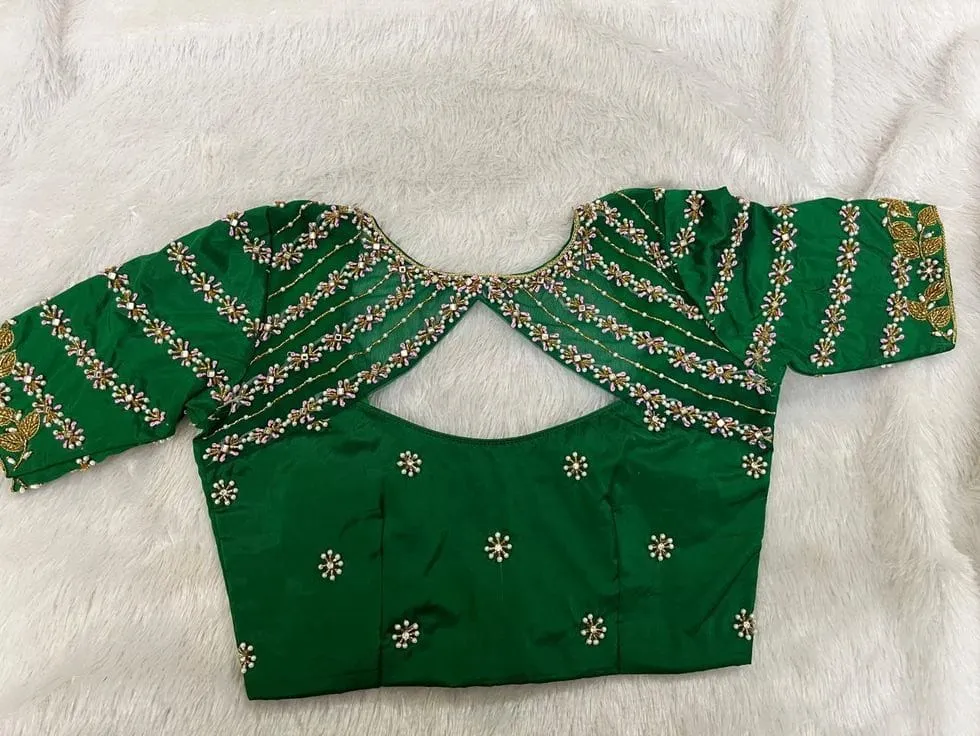 Bottle Green Designer Silk Blouse – Diagonal Pearl Lines & Illusion Back Neck Stitched Blouse for Sarees