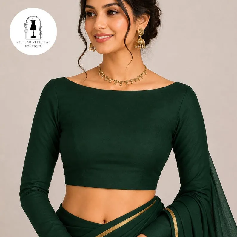 Bottle Green Full Sleeve Readymade Saree Blouse with Boat Neck & Back Button Detail | Plain Silk Choli for Saree & Lehenga