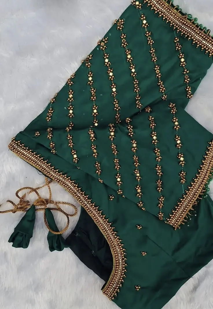 Bottle Green Hand Embroidered Bridal Blouse – Vertical Line Zardozi & Mirror Work Sleeves with Hanging Bead Drops 1