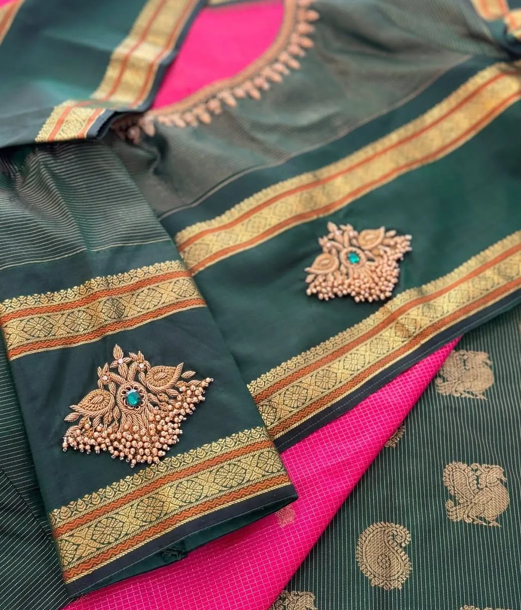 Bottle Green Handcrafted Maggam Work Blouse with Zari Border & Pink Contrast Silk Saree