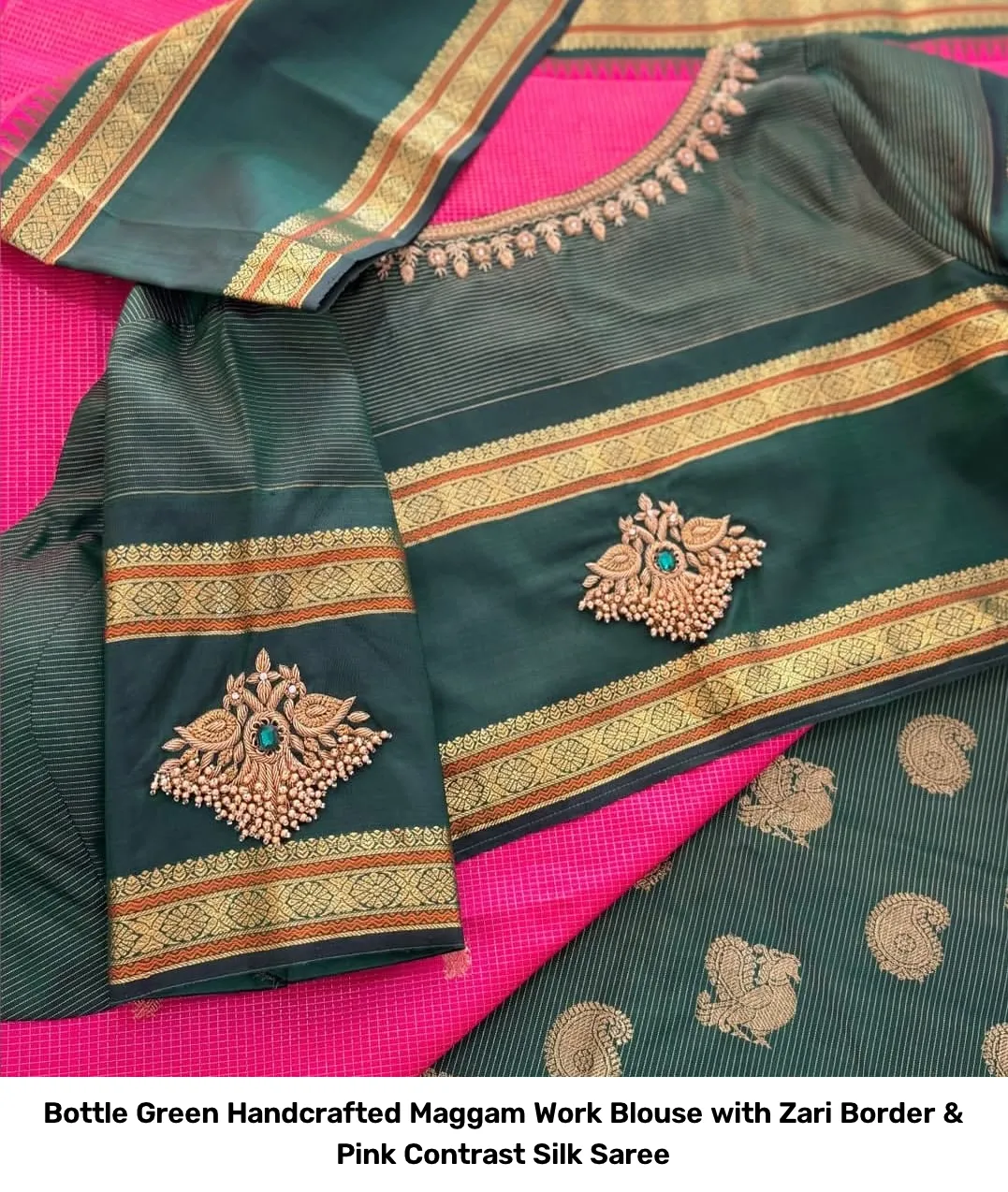 Bottle Green Handcrafted Maggam Work Blouse with Zari Border & Pink Contrast Silk Saree 2