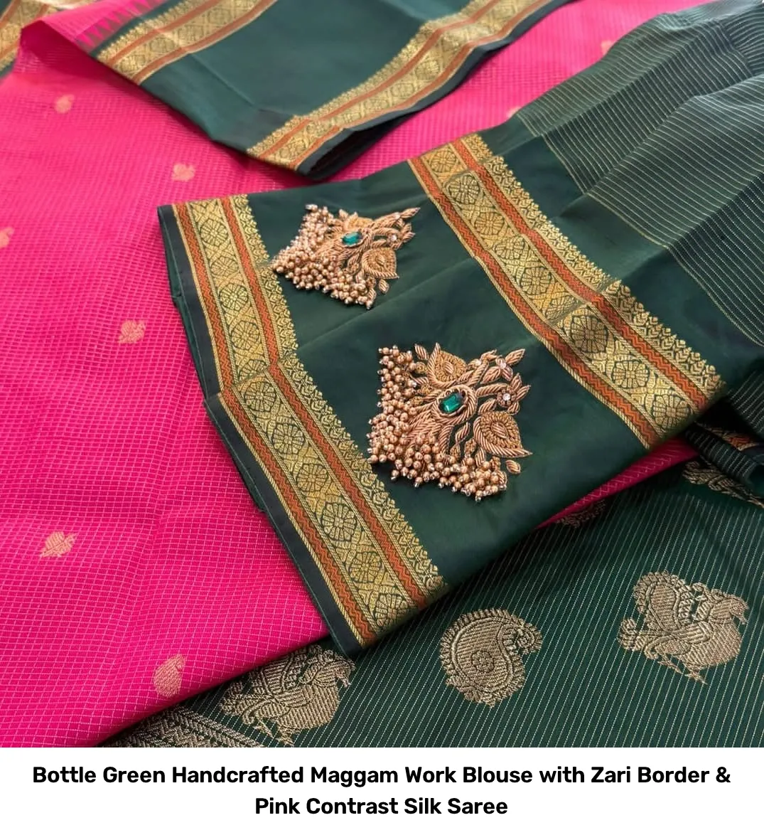 Bottle Green Handcrafted Maggam Work Blouse with Zari Border & Pink Contrast Silk Saree 3