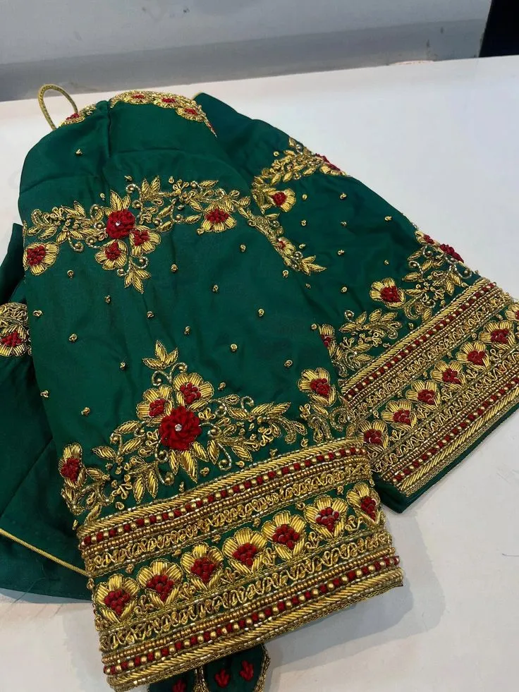 Bottle Green Heavy Aari Work Blouse with Scallop Neck | Bridal Designer Silk Saree Blouse