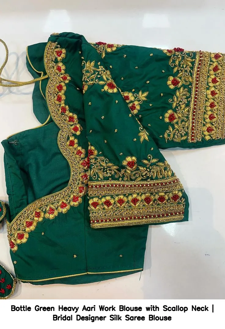 Bottle Green Heavy Aari Work Blouse with Scallop Neck | Bridal Designer Silk Saree Blouse 2