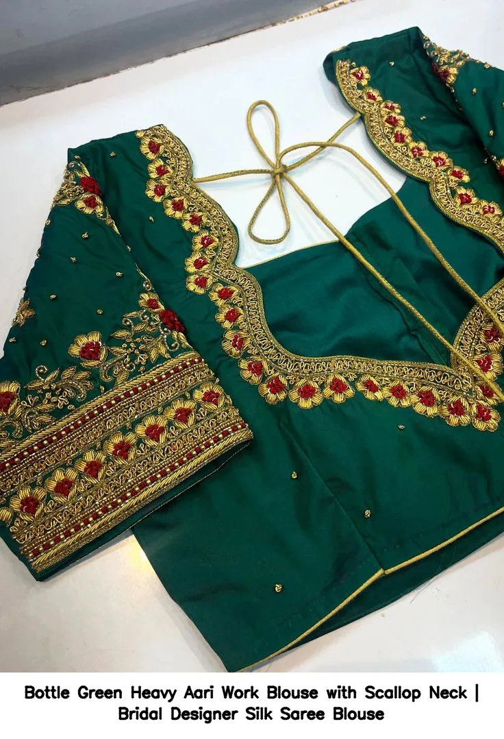 Bottle Green Heavy Aari Work Blouse with Scallop Neck | Bridal Designer Silk Saree Blouse 3