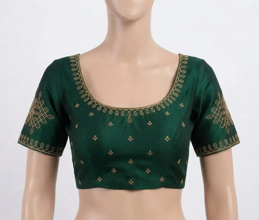 Bottle Green Muggu Work Readymade Saree Blouse | Traditional Kolam Embroidered Silk Blouse 1