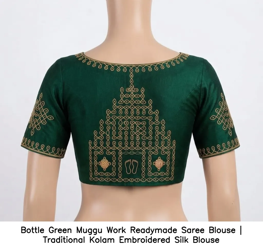Bottle Green Muggu Work Readymade Saree Blouse | Traditional Kolam Embroidered Silk Blouse 2