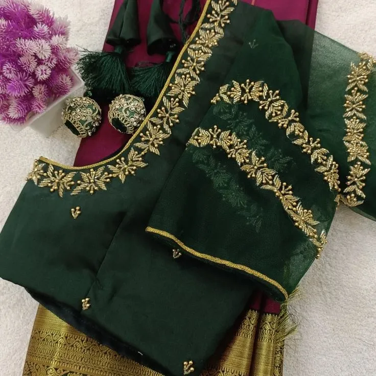 Bottle Green Organza Sleeve Saree Blouse | Readymade Aari Work Silk Blouse with Tassels 1