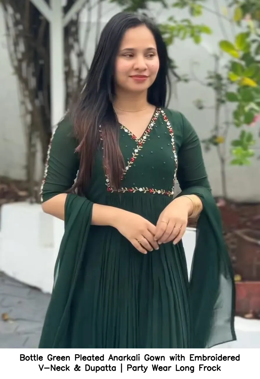 Bottle Green Pleated Anarkali Gown with Embroidered V-Neck & Dupatta | Party Wear Long Frock 2