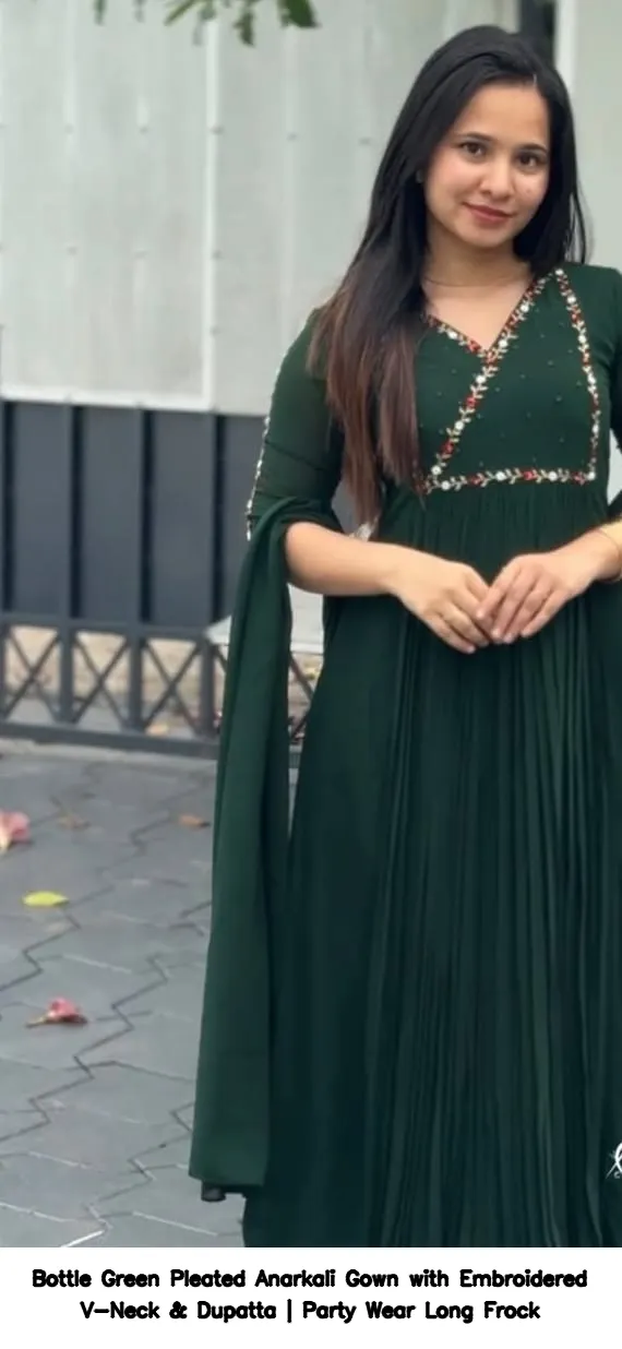 Bottle Green Pleated Anarkali Gown with Embroidered V-Neck & Dupatta | Party Wear Long Frock 3