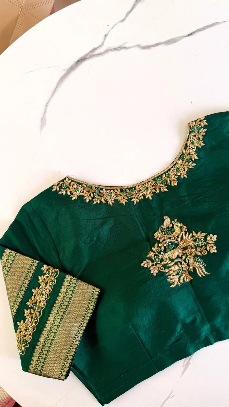 Bottle Green Raw Silk Blouse - Gold Zardosi Peacock Motif Maggam Work Saree Blouse 1