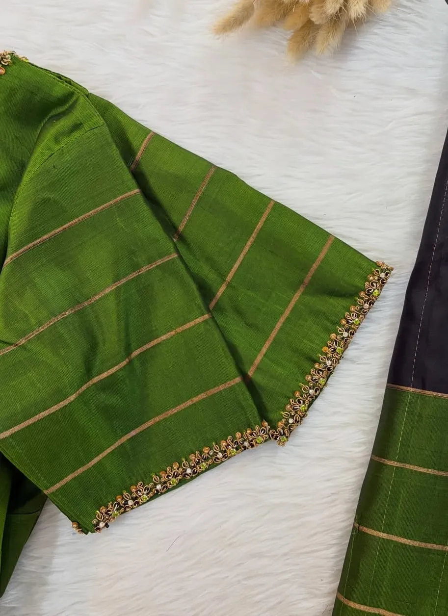 Bottle Green Raw Silk Maggam Work Blouse | Keyhole Cutout Back Aari Embroidery Saree Blouse with Zari Stripes