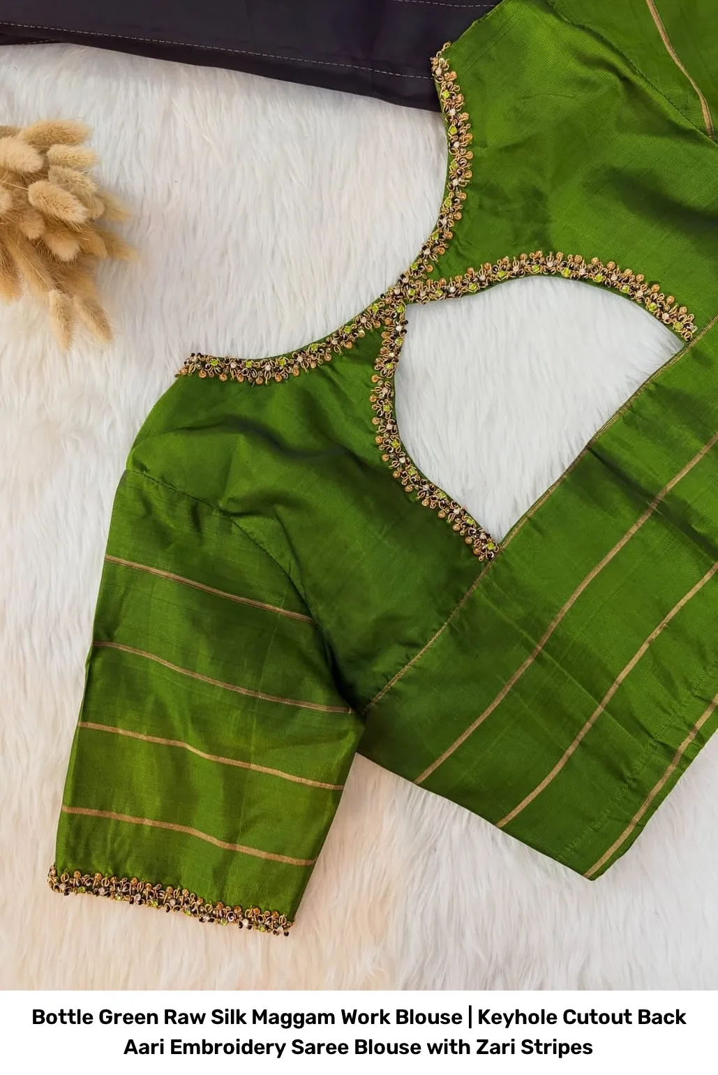 Bottle Green Raw Silk Maggam Work Blouse | Keyhole Cutout Back Aari Embroidery Saree Blouse with Zari Stripes 2