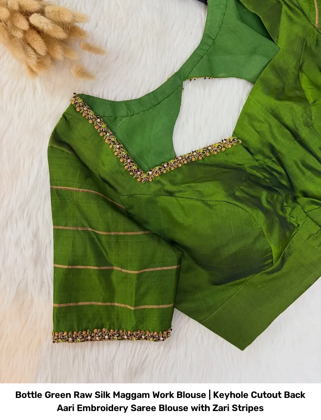 Bottle Green Raw Silk Maggam Work Blouse | Keyhole Cutout Back Aari Embroidery Saree Blouse with Zari Stripes 3
