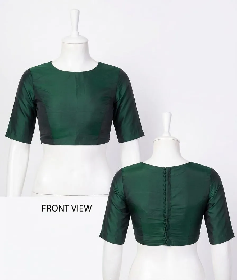 Bottle Green Raw Silk Padded Saree Blouse | High Boat Neck Elbow Sleeve Blouse with Back Closure