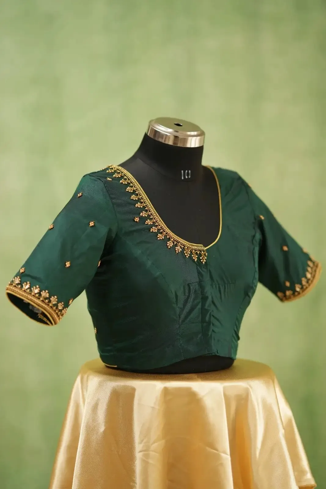 Bottle Green Raw Silk Saree Blouse – Gold Zardozi & Bead Embroidered Readymade Bridal Choli 1