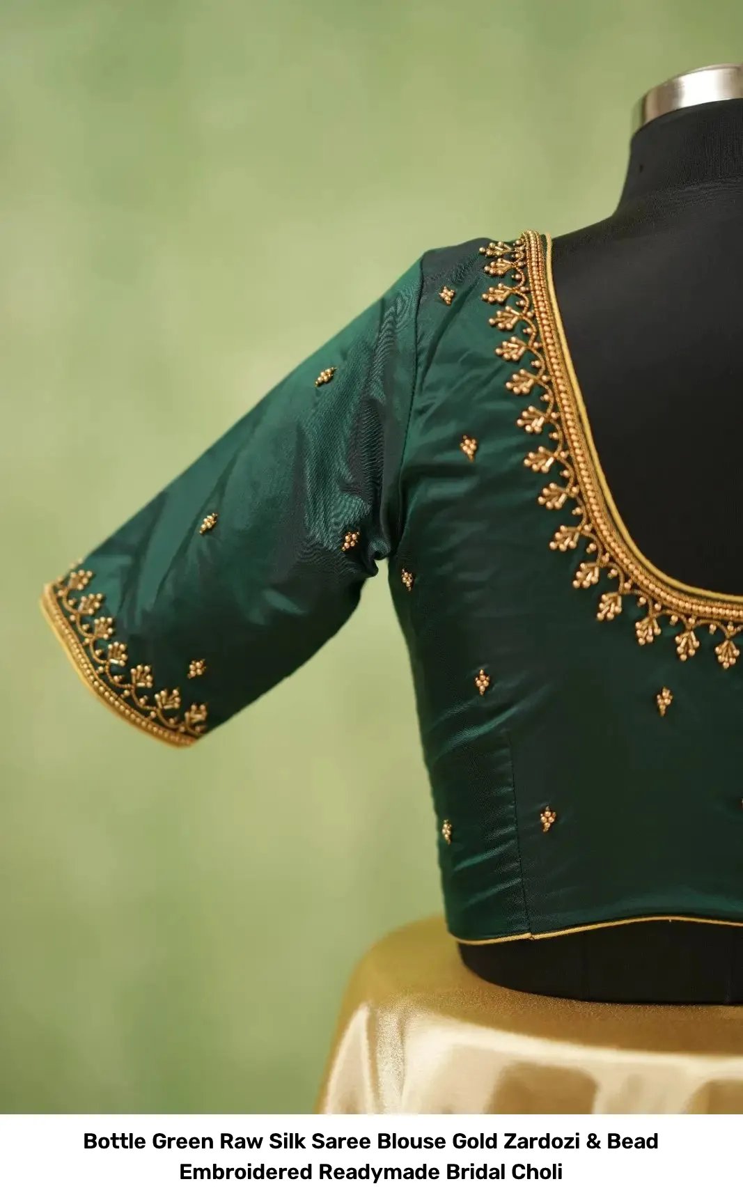 Bottle Green Raw Silk Saree Blouse – Gold Zardozi & Bead Embroidered Readymade Bridal Choli 2