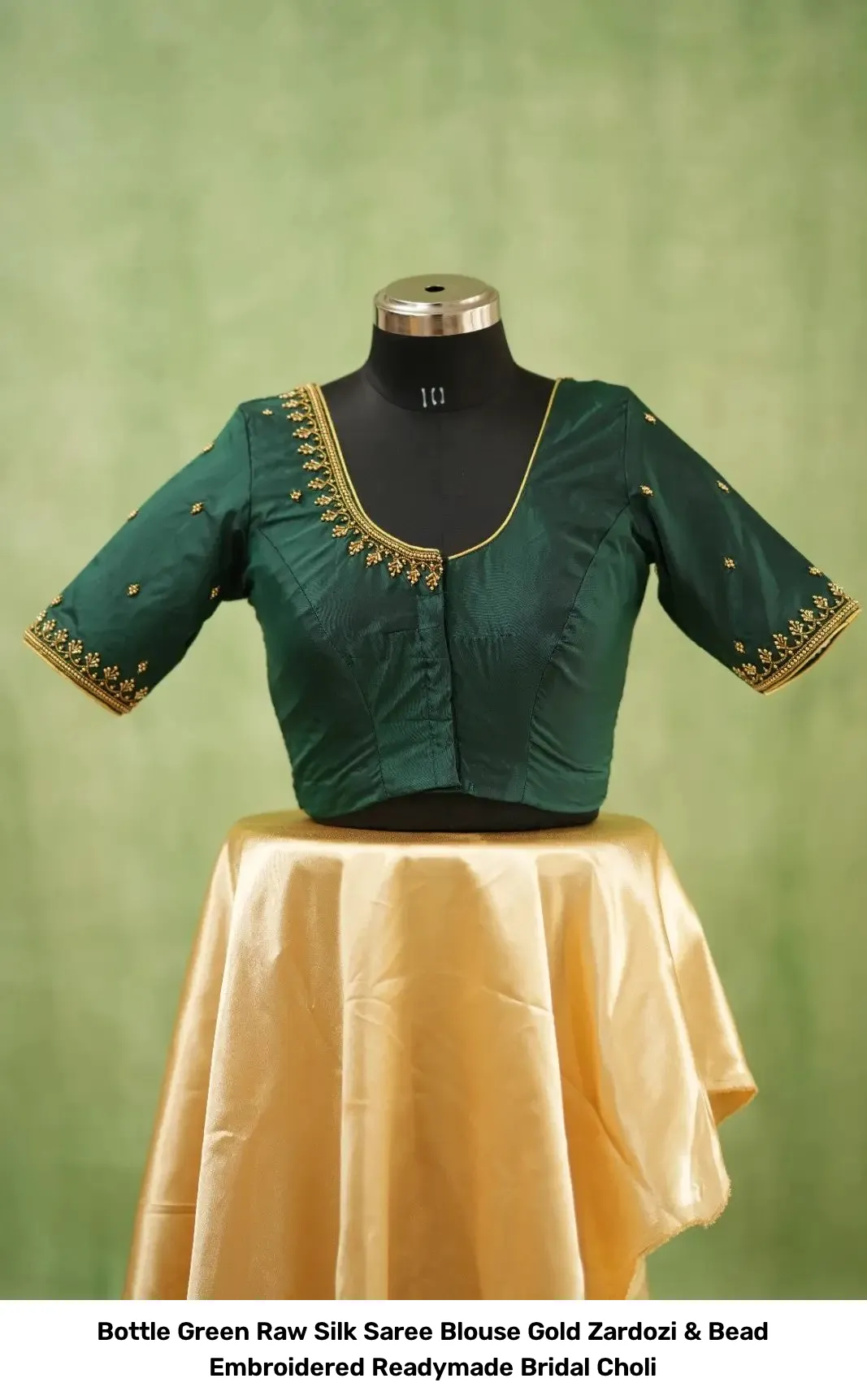 Bottle Green Raw Silk Saree Blouse – Gold Zardozi & Bead Embroidered Readymade Bridal Choli 3