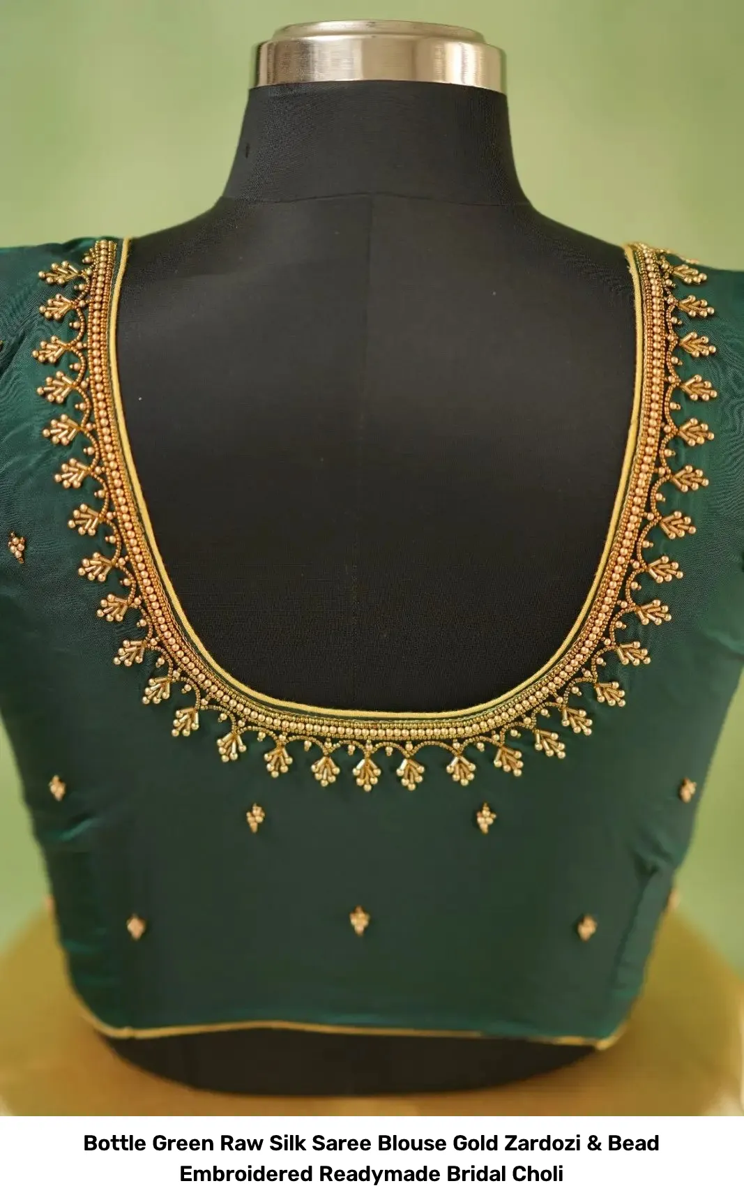 Bottle Green Raw Silk Saree Blouse – Gold Zardozi & Bead Embroidered Readymade Bridal Choli 4