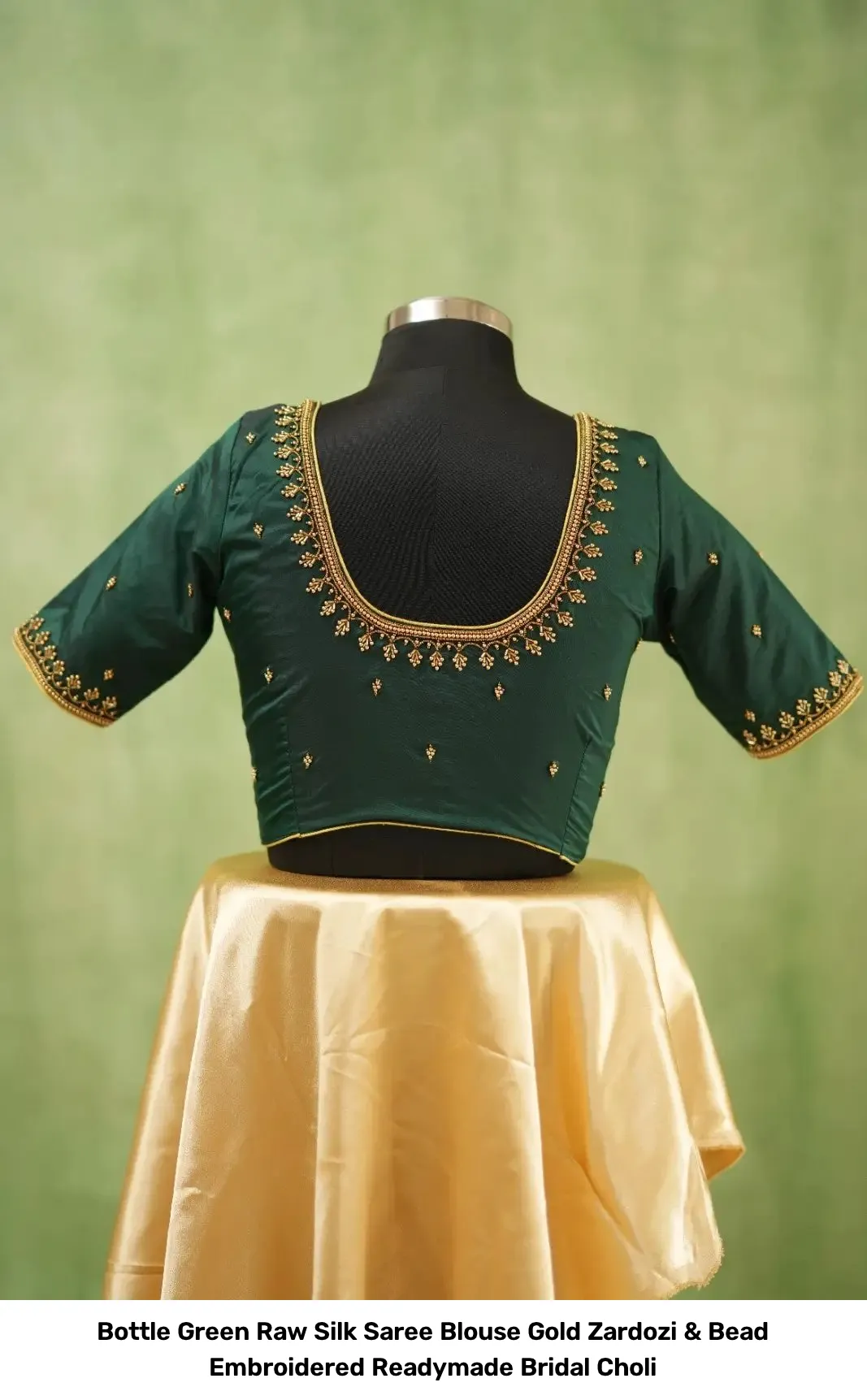 Bottle Green Raw Silk Saree Blouse – Gold Zardozi & Bead Embroidered Readymade Bridal Choli 5