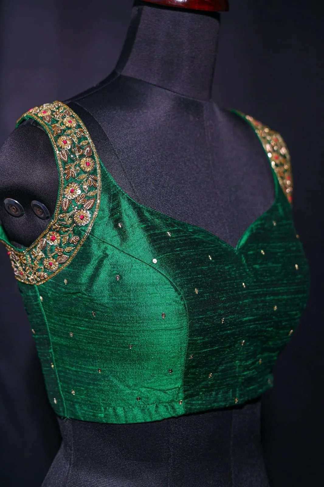 Bottle Green Raw Silk Sleeveless Blouse | Sweetheart Neck & Cutout Back Zardosi Floral Embroidered Bridal Saree Blouse