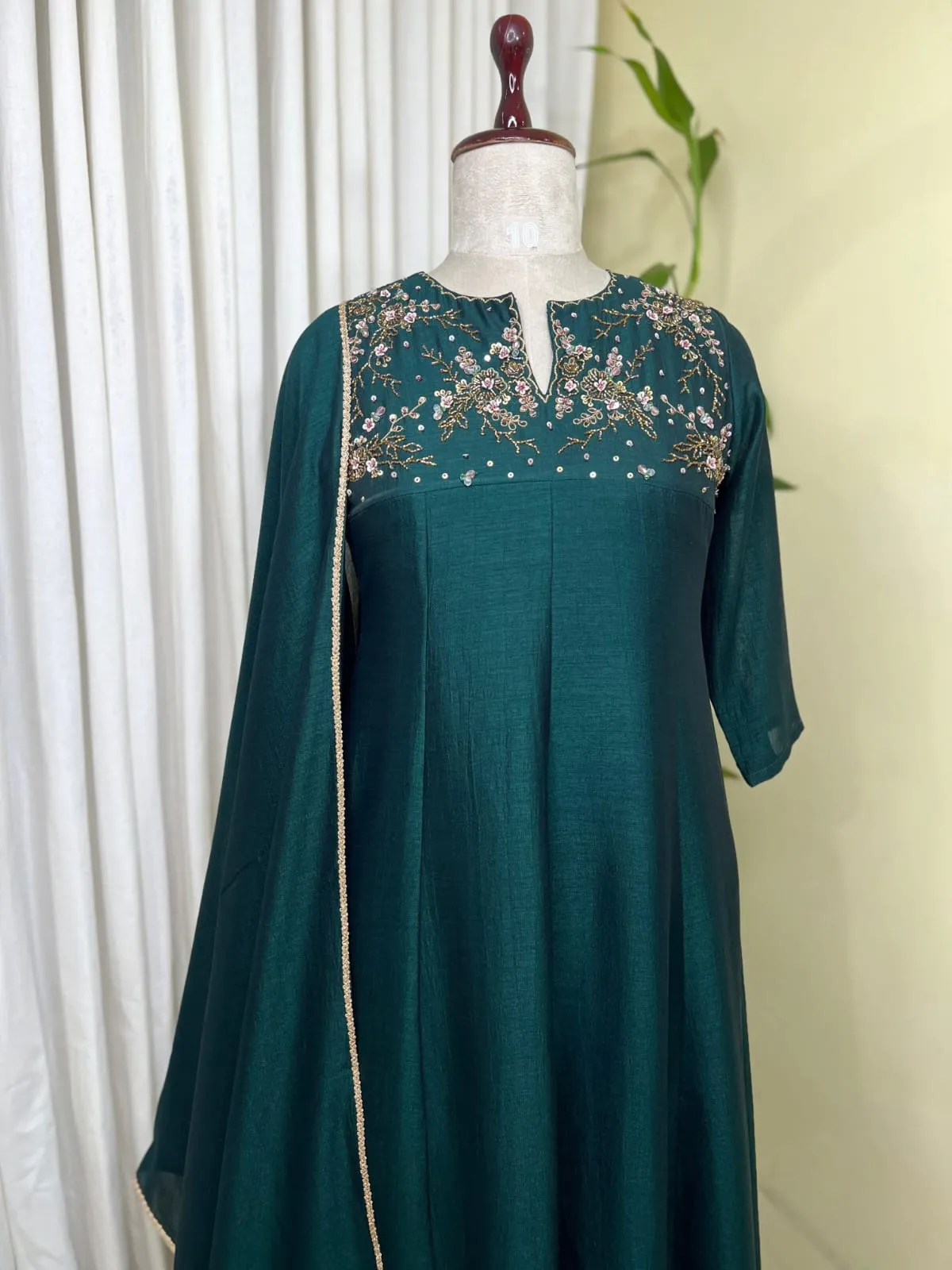 Bottle Green Silk Long Frock Suit Set with Hand Embroidered Yoke & Lace Dupatta