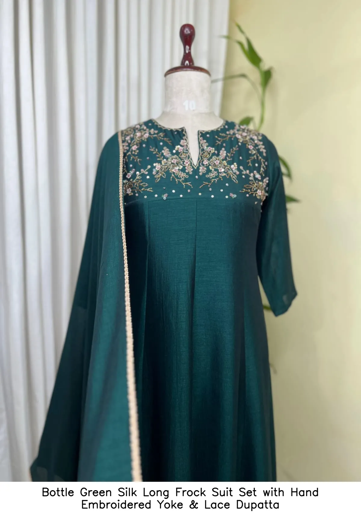 Bottle Green Silk Long Frock Suit Set with Hand Embroidered Yoke & Lace Dupatta 2