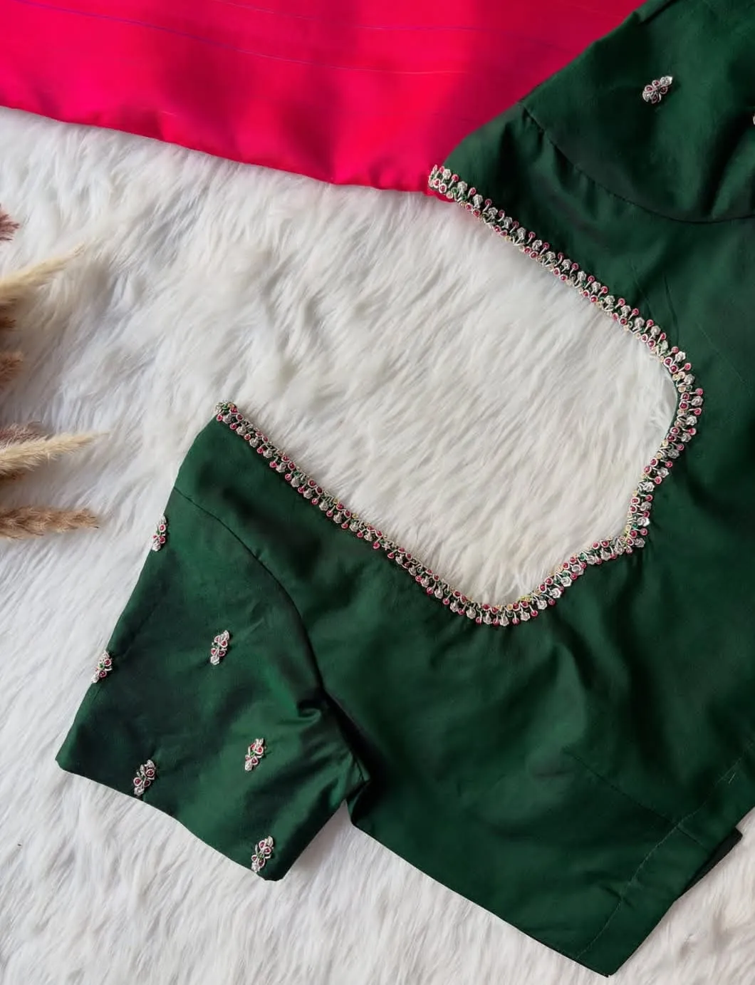 Bottle Green Silk Maggam Work Blouse | Hand Embroidered Aari Neckline Saree Blouse