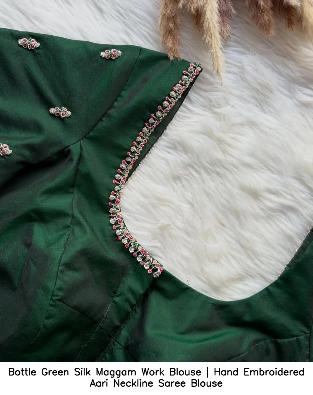 Bottle Green Silk Maggam Work Blouse | Hand Embroidered Aari Neckline Saree Blouse 3