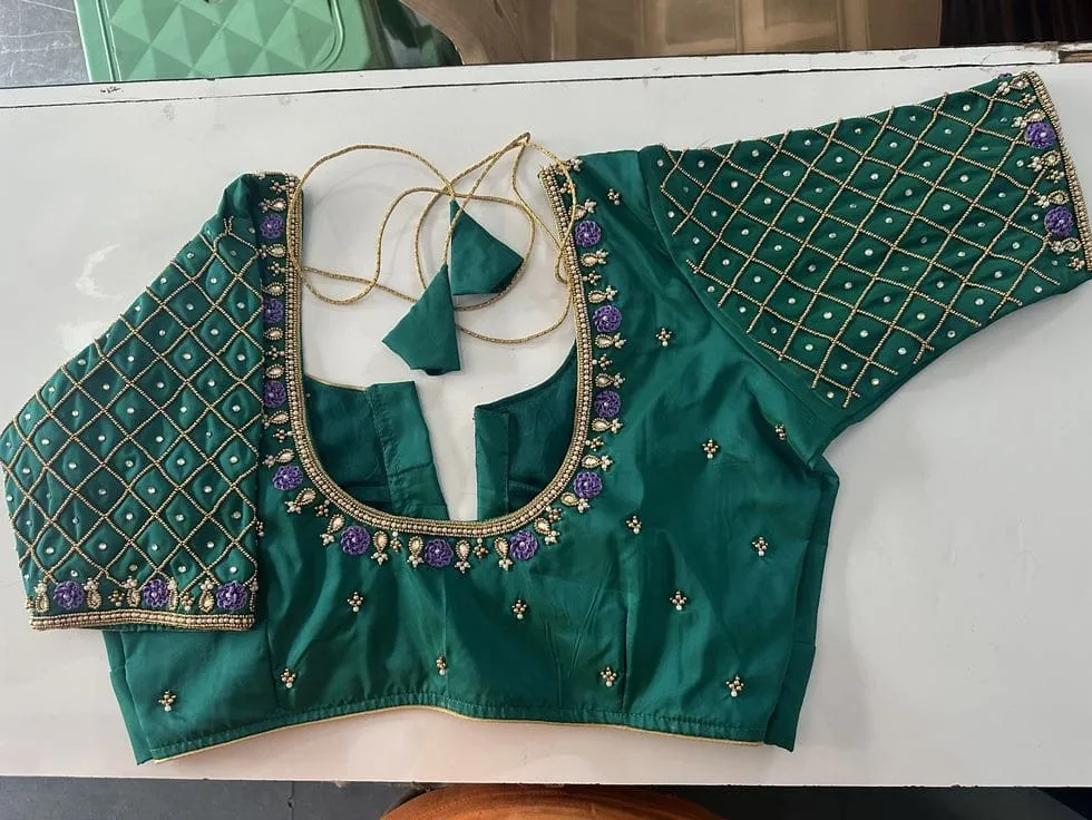 Bottle Green Silk Maggam Work Blouse | Heavy Gold Jaal Bead Sleeve & Purple French Knot Floral Saree Blouse
