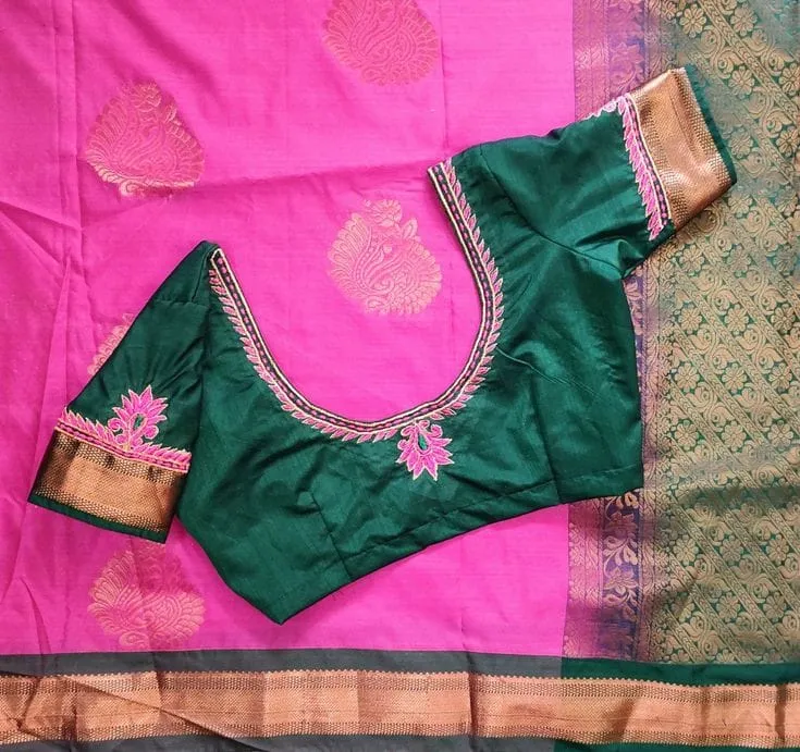 Bottle Green Silk Saree Blouse | Handcrafted Lotus Motif & Pink Threadwork Aari Blouse 1