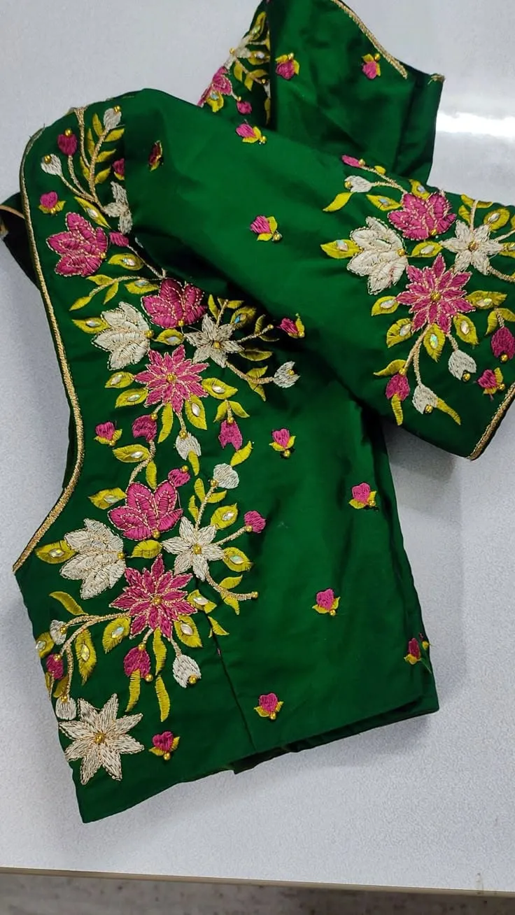 Bottle Green Silk Saree Blouse | Pink & White Floral Bunch Computer Machine Embroidery Readymade Blouse with Gold Piping