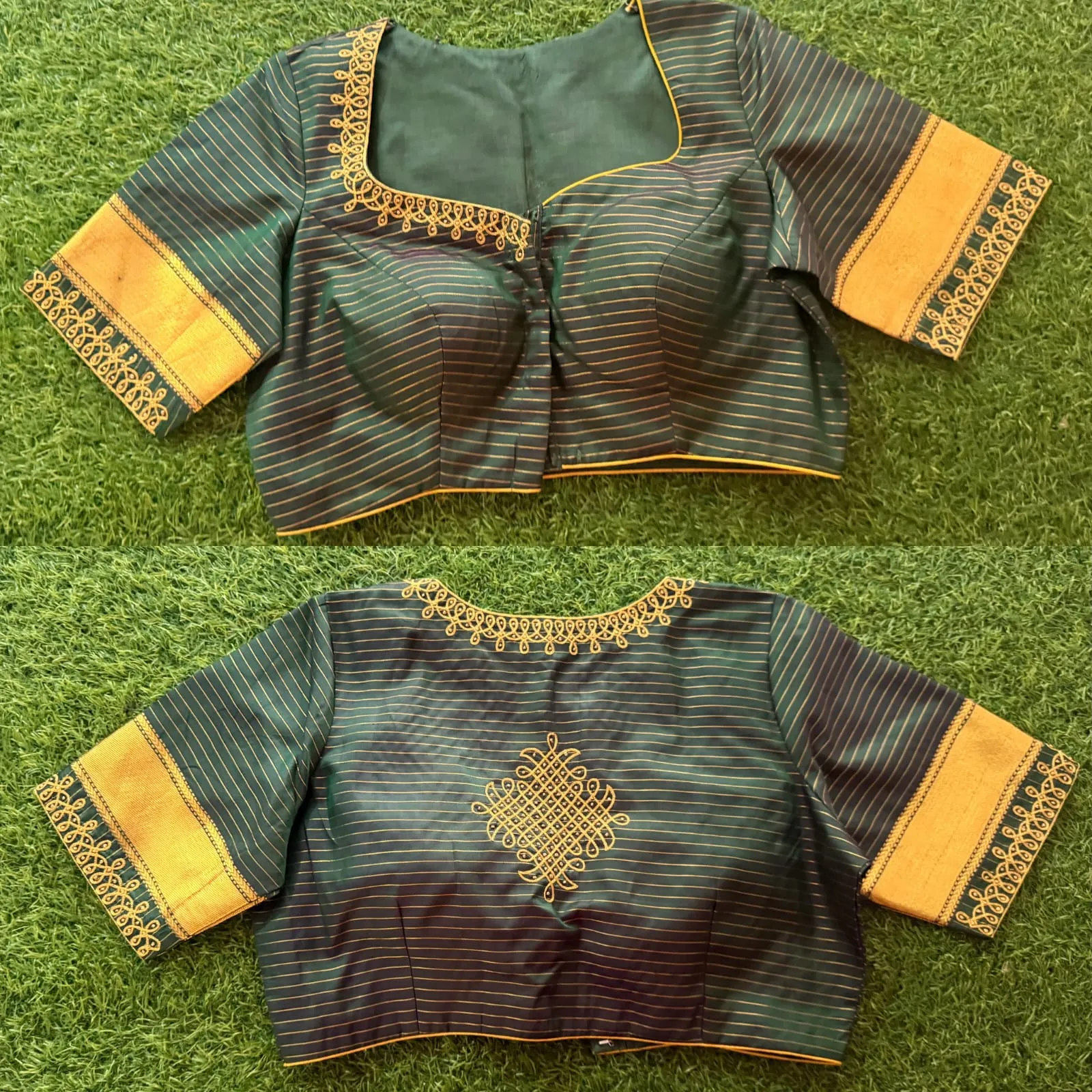 Bottle Green Striped Silk Saree Blouse | Designer Asymmetric Neck & Back Motif Embroidery Blouse