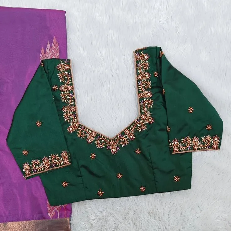 Bottle Green Sweetheart Neck Maggam Work Blouse | Handcrafted Aari Beadwork Silk Saree Blouse with Floral Bootis 1